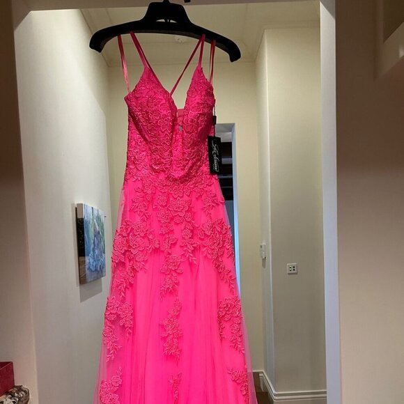 NWT La Femme 30303SC Tulle Prom Dress Neon Pink Size 10 - Picture 7 of 8